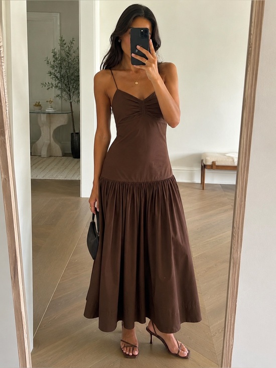 A.L.C. Dresses & Skirts - A.L.C. Harper Ruched Drop-Waist Brown Cotton Maxi Dress Size 2 NWT